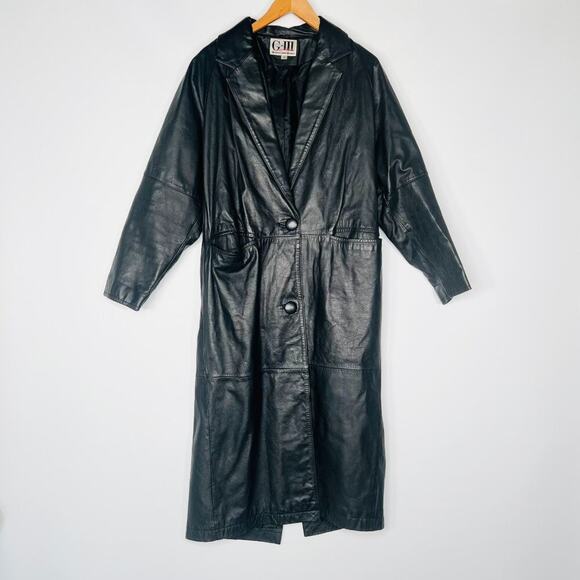 Vintage 80s G-III Black Leather Belted Oversized Trench Coat Jacket Women - Picture 1 of 16